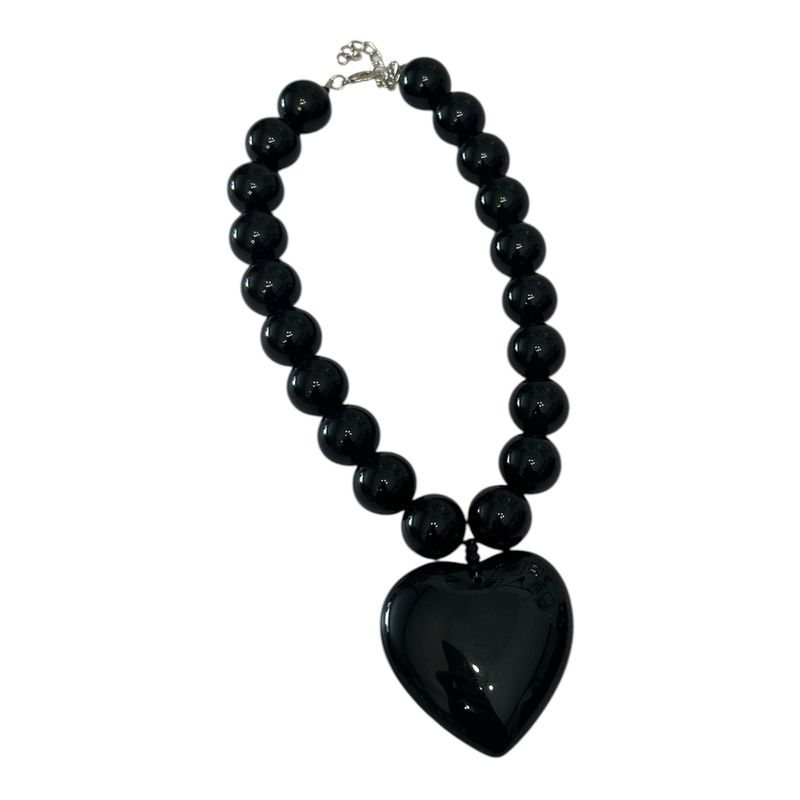 Chunky Resin Bead & Heart Necklace - Black