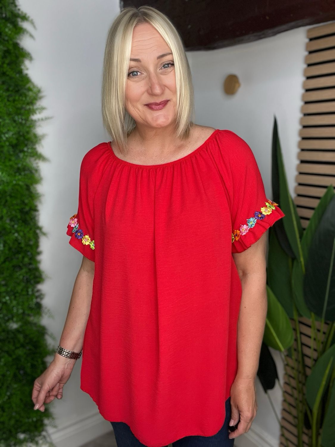 Summer Top With Embroidered Sleeves - Red