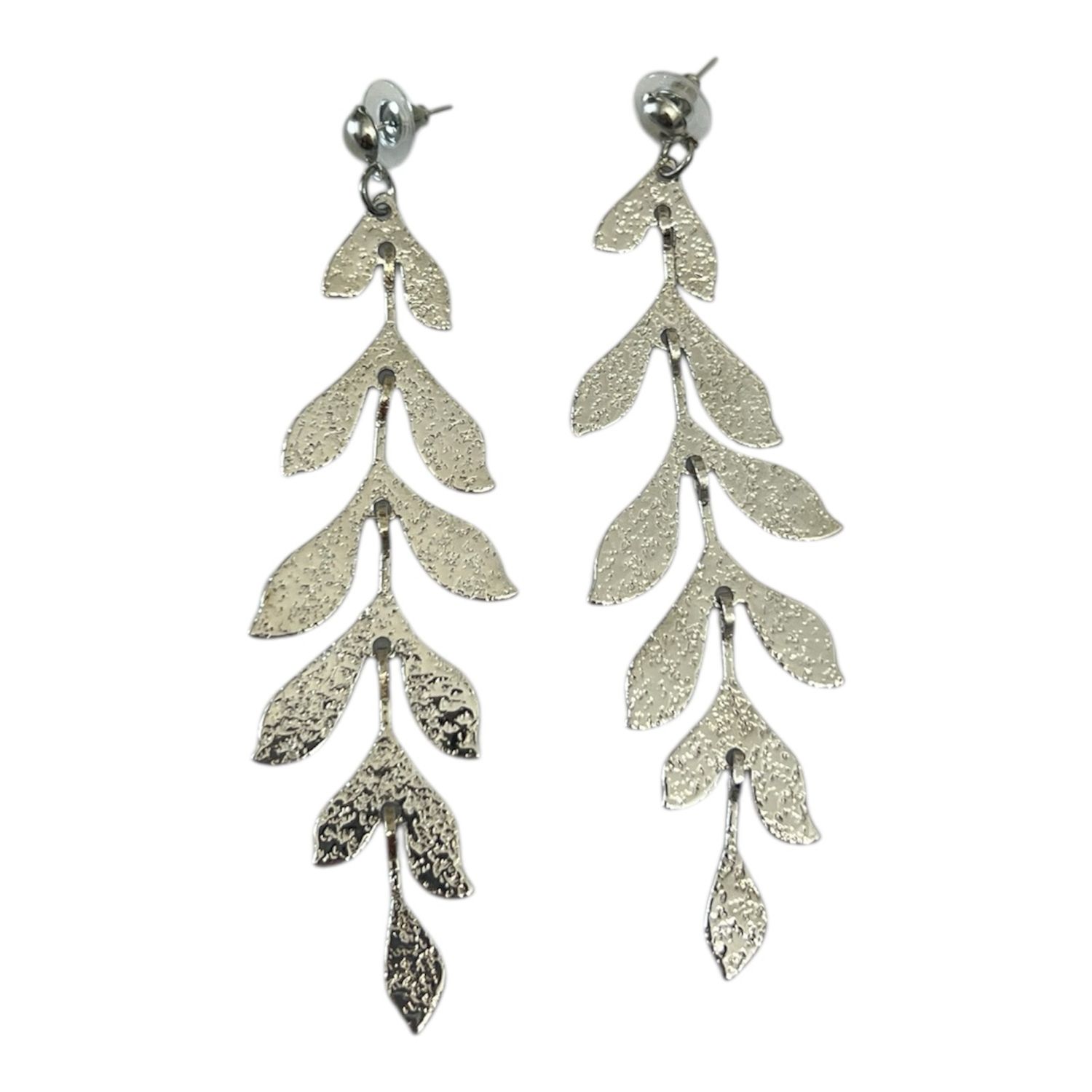 Long Drop Leaf Stud Earrings - Silver