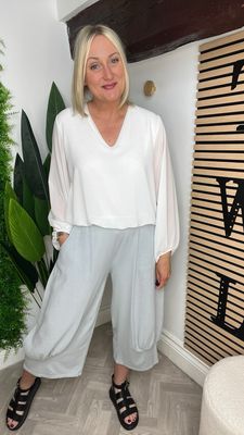 Two Fabric Cropped Trousers - Silver Grey