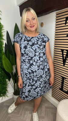 Linen Shift Dress - Flower Blue