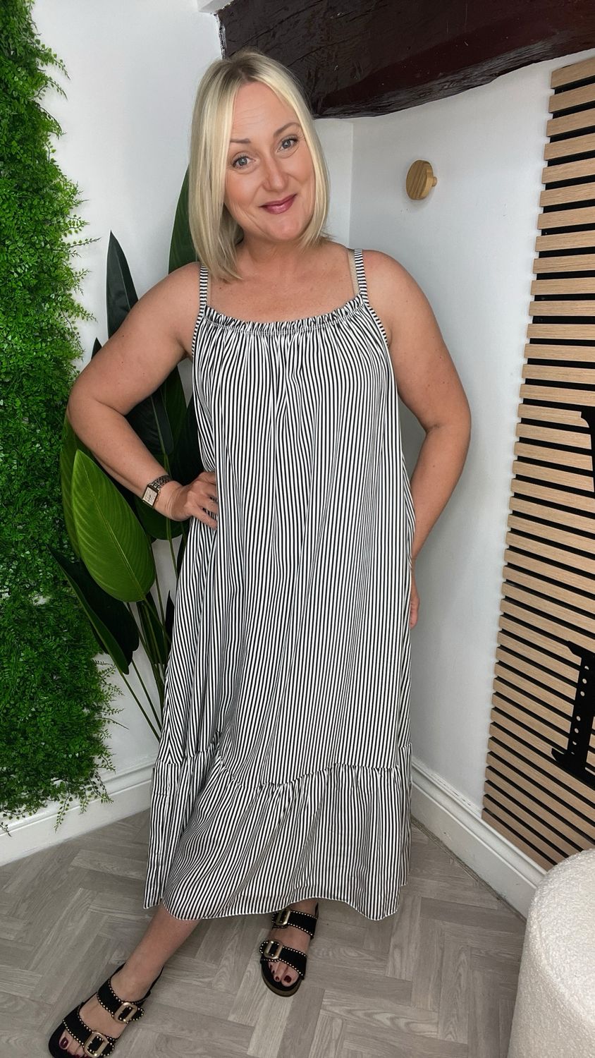 Shoestring Strap Summer Dress - Stripe Black