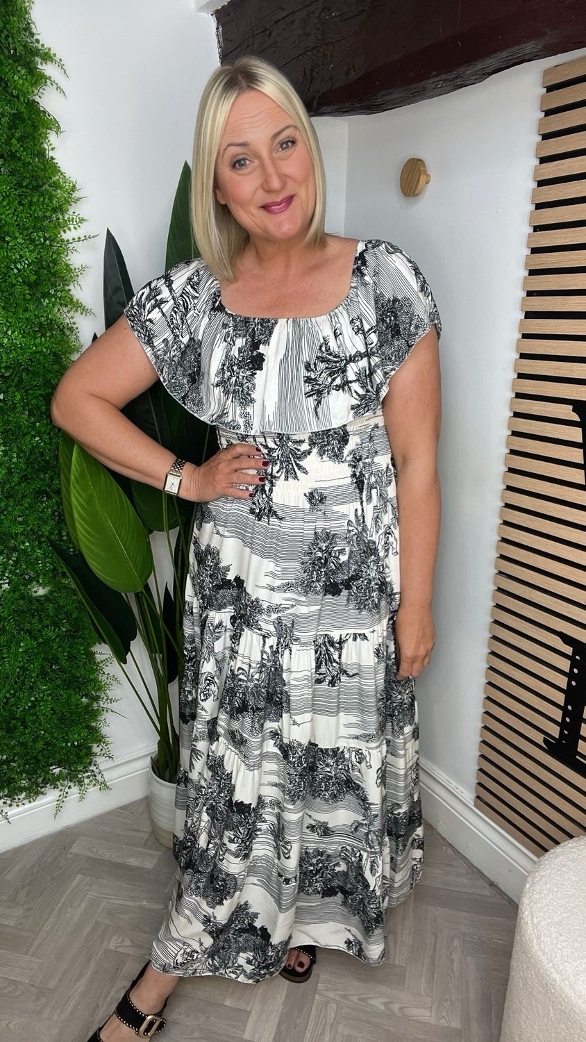 Bardot Dress With Frill Neck- Black