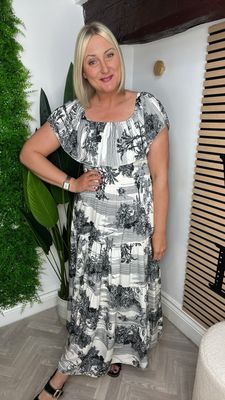 Bardot Dress With Frill Neck- Black