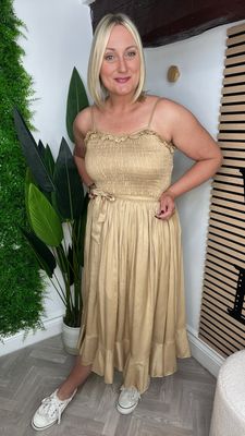 Shirred Stitch Bodice Swing Dress - Camel