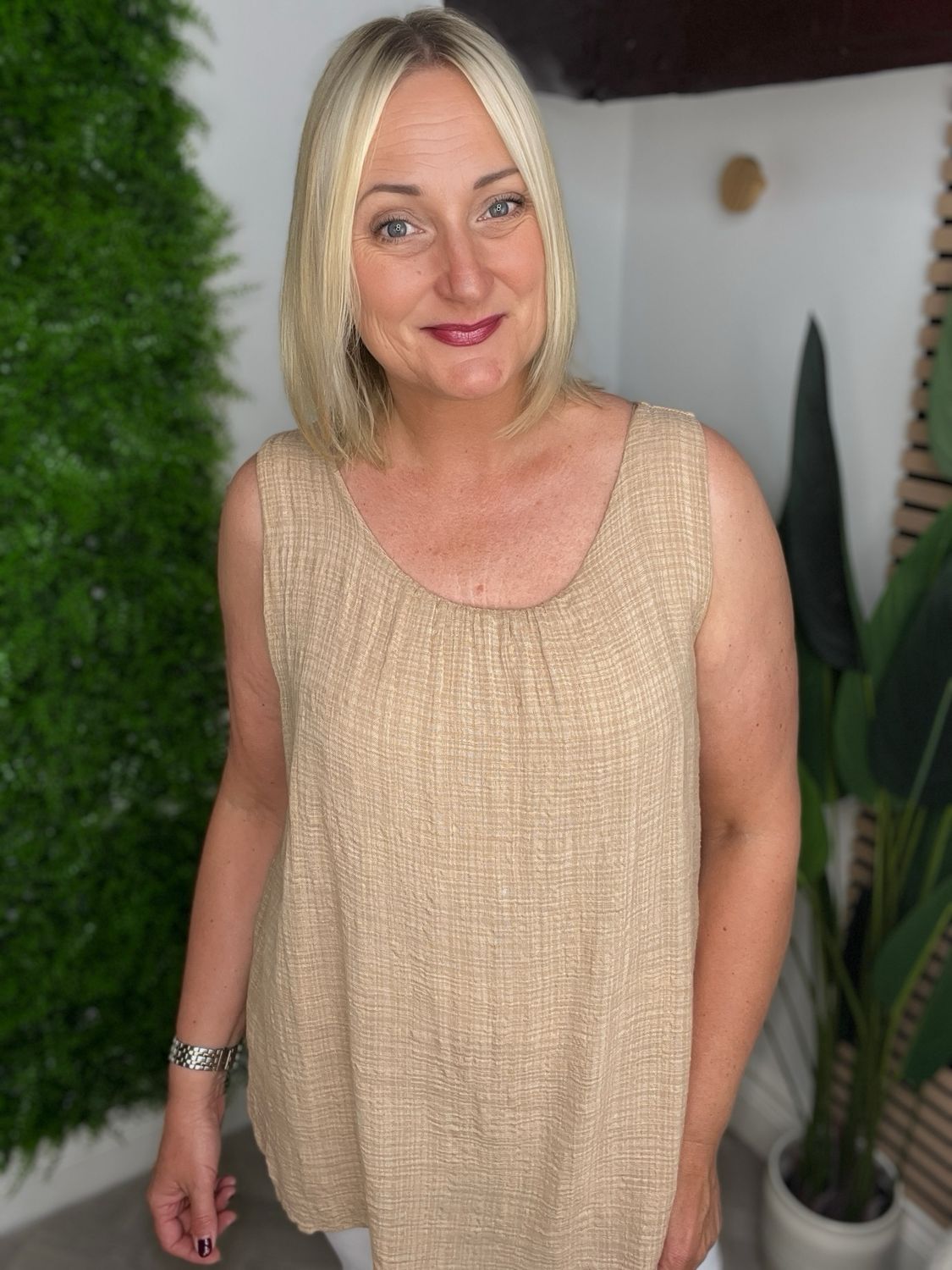 Scoop Hem Cotton Vest Top - Camel