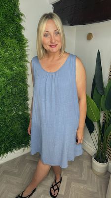 Cotton Loose Curved Hem Dress - Denim