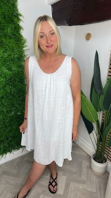 Cotton Loose Curved Hem Dress - White
