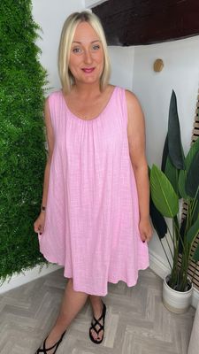 Cotton Loose Curved Hem Dress - Pink