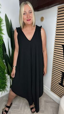 Wide Strap Handkerchief Hen Summer Dress - Black