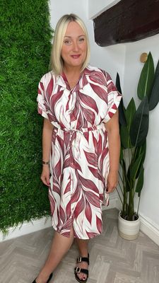 Breezy Leaf Print Shirt Dress - Wine