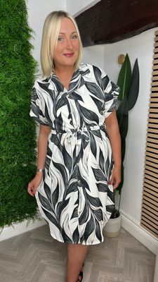 Breezy Leaf Print Shirt Dress - Black