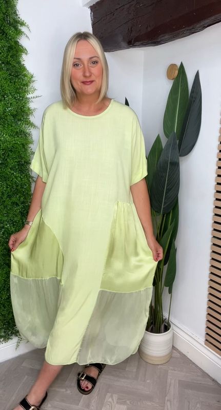 Sheer Panel Detailed Dress - Lime