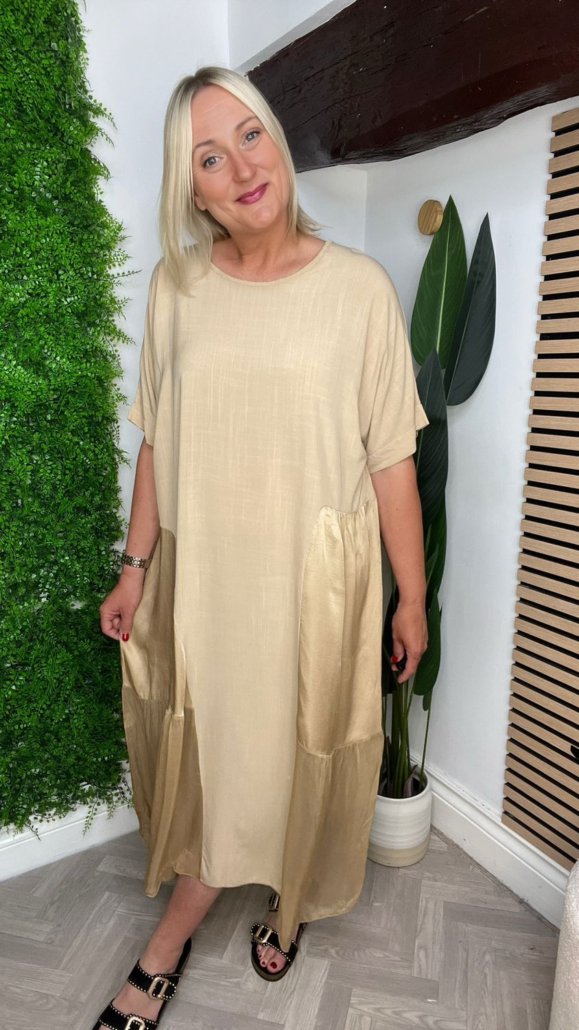 Sheer Panel Detailed Dress - Camel
