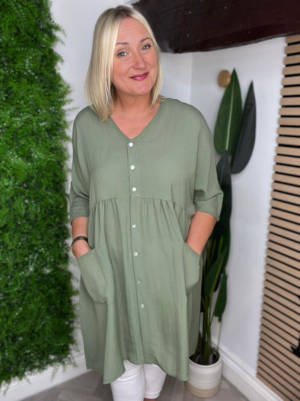 Button & 2 Pocket Detailed Dress - Khaki