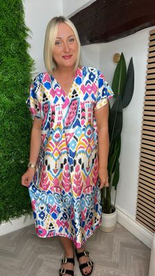 Satin Feel Column Dress - Blue/Pink Mix