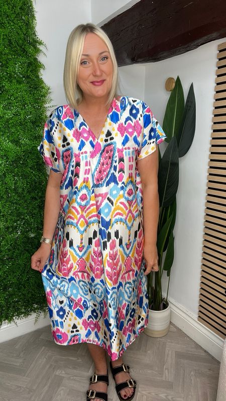 Satin Feel Column Dress - Blue/Pink Mix