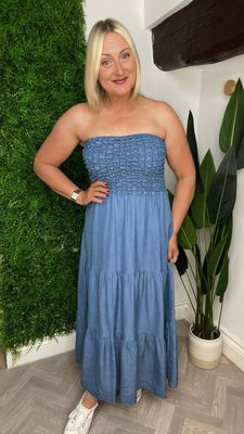 Bandeau Chambray Dress - Mid Blue