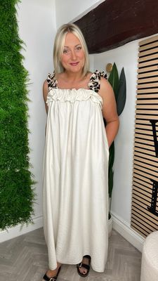 Animal Frill Strap Sun Dress - Stone
