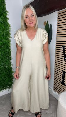 Gold Frill & Tie Back Jumpsuit - Stone