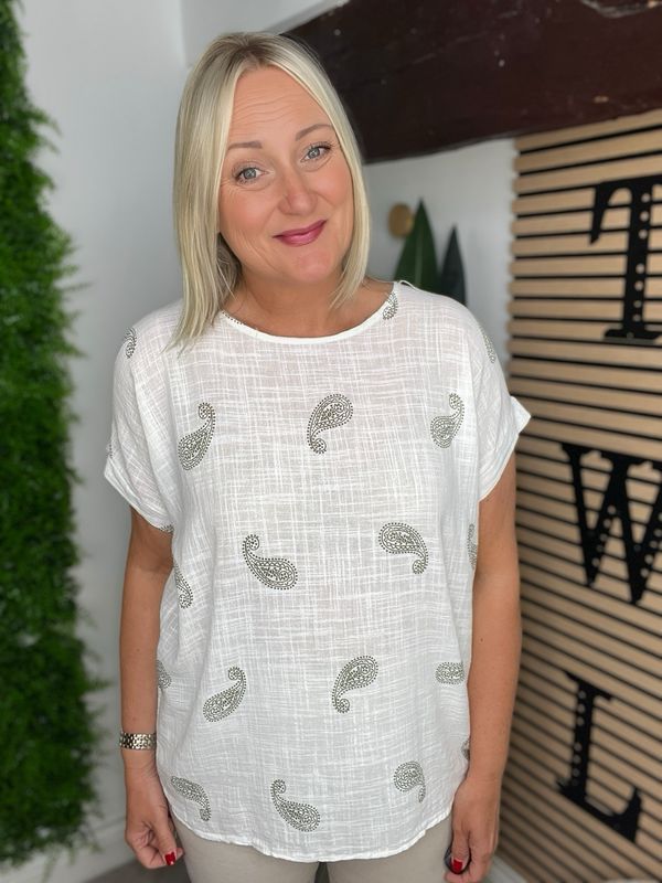 Paisley Print Cotton Top - Khaki
