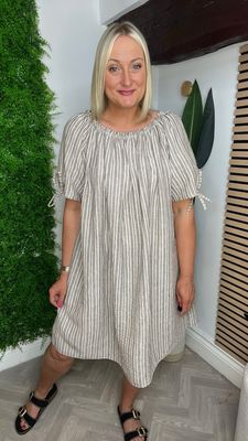 Striped Bardot Cotton Dress - Mocha