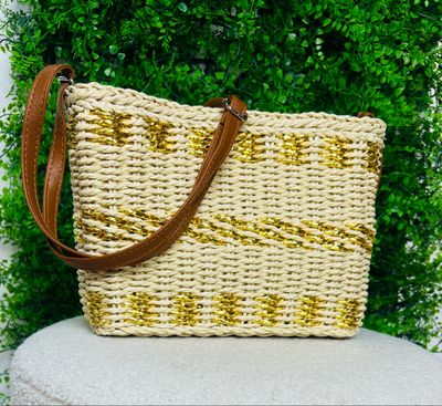Gold Detail Raffia Bag Small
