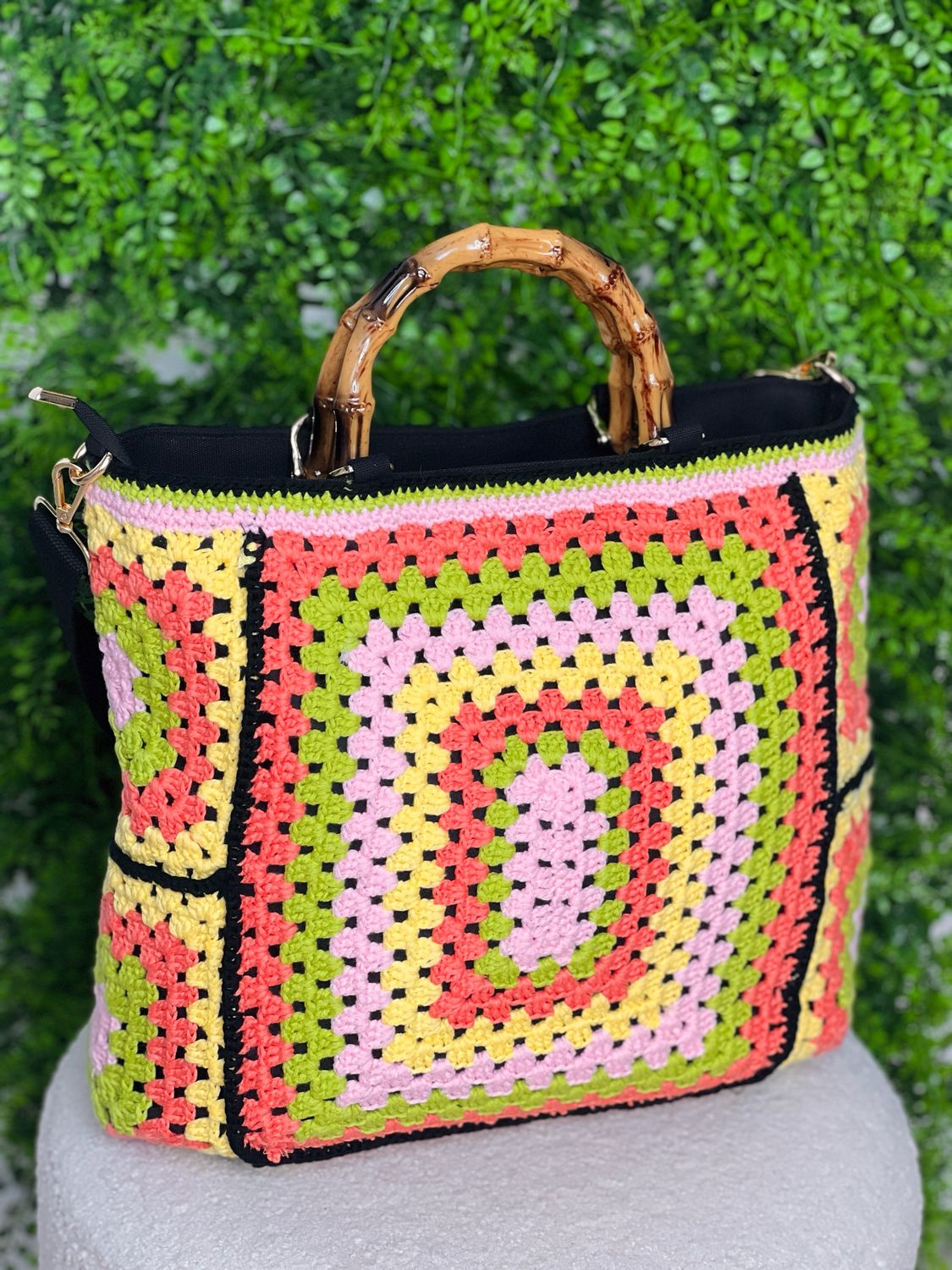 Large Crochet Bag With Cane Bamboo Style Handles