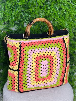 Large Crochet Bag With Cane Bamboo Style Handles