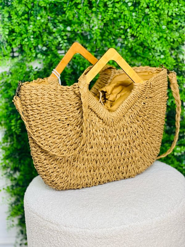 Raffia Bag Medium/large With Triangle Wood Handle