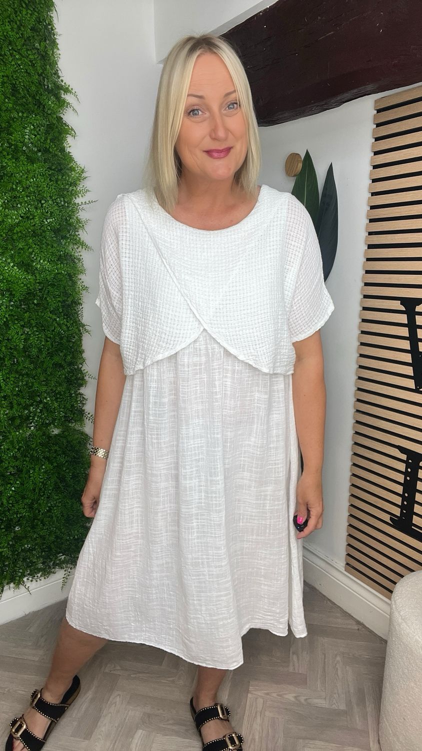 Overlay Cross Front Midi Dress - White