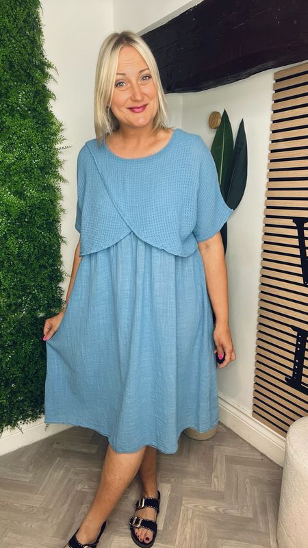 Overlay Cross Front Midi Dress - Blue