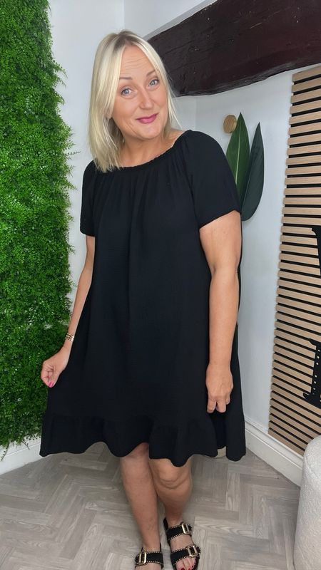 Waffle Tunic Bardot Dress - Black