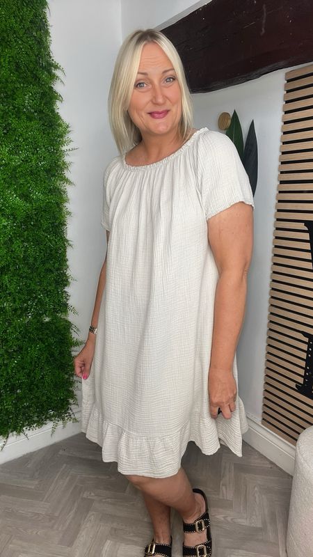 Waffle Tunic Bardot Dress - Ecru