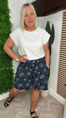 Palazzo Jersey Shorts - Ditsy Print Black & Blue