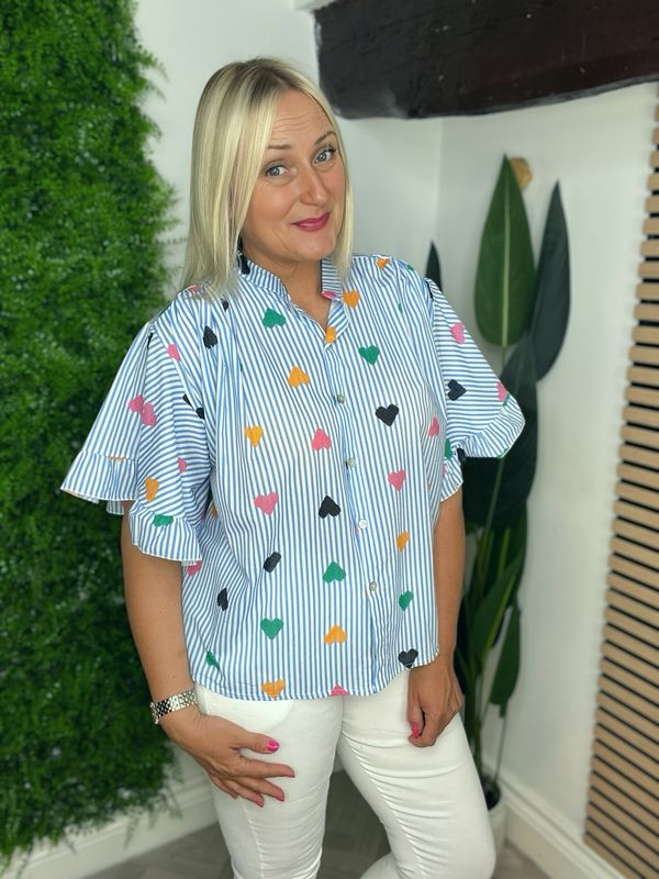 Heart & Stripe Frill Sleeve Shirt - Blue Mix