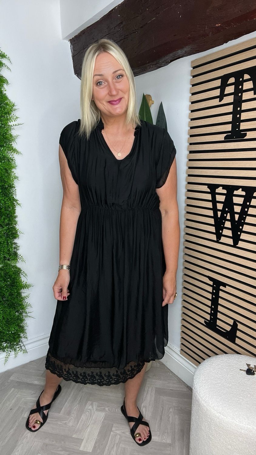 Black Silky Feel Dress - Lace Trim