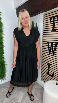 Black Silky Feel Dress - Lace Trim