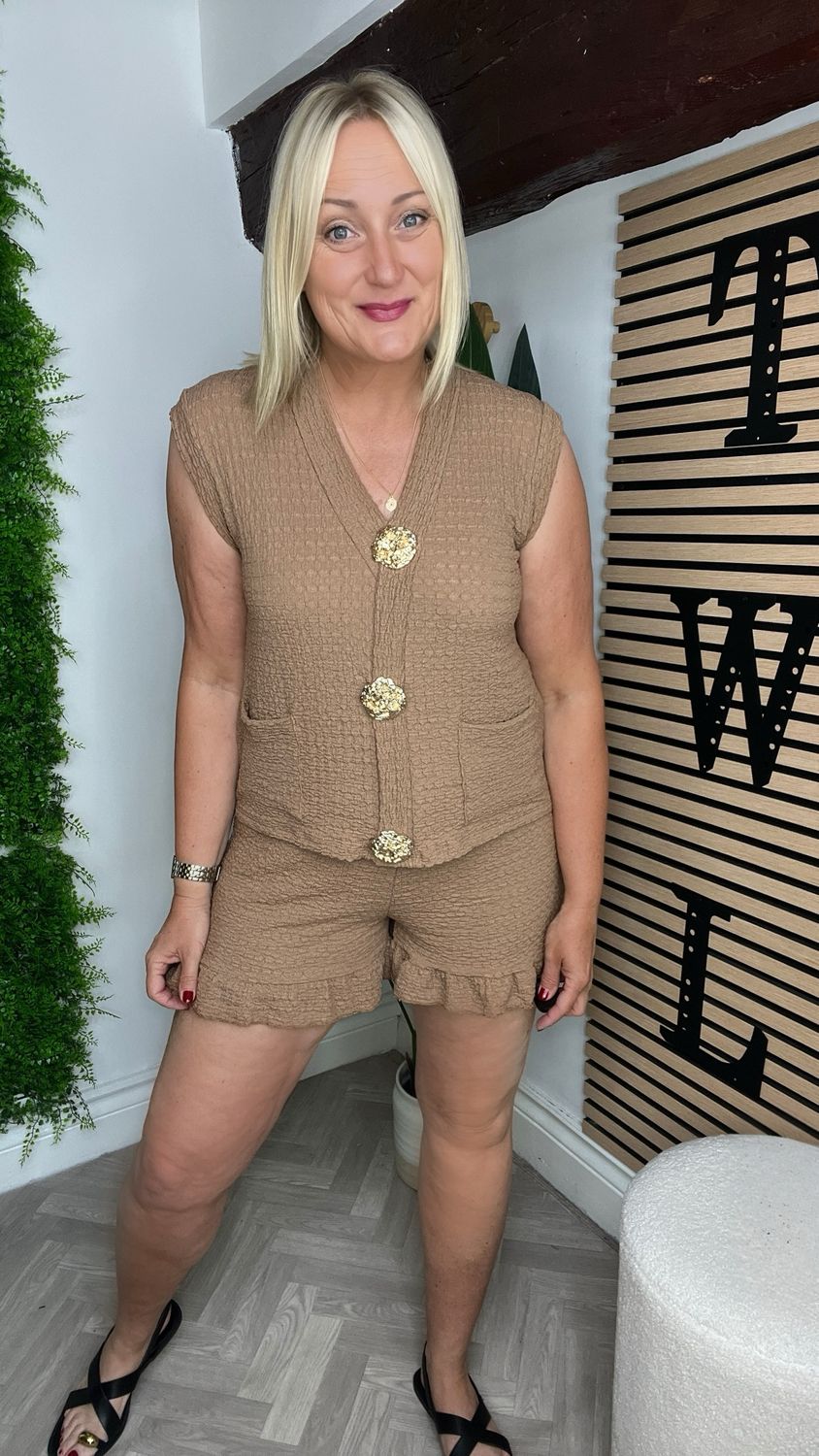 Gold Button Shorts Co-ord - Dark Camel