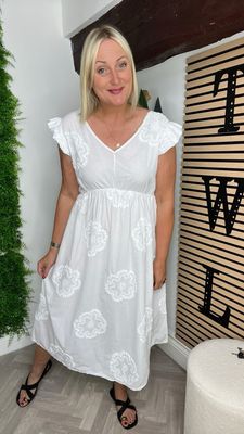 Appliqué Cotton Midi Dress - White