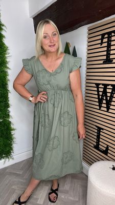 Appliqué Cotton Midi Dress - Khaki