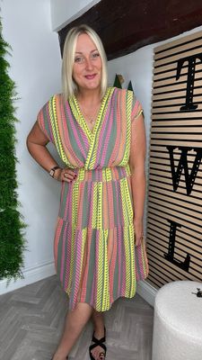 Waffle Aztec Neon Midi Dress - Khaki Mix