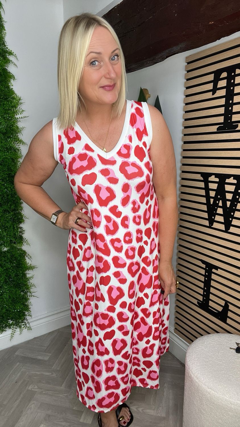 Rib Leopard Column Dress - Red