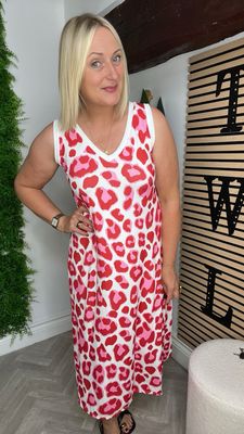 Rib Leopard Column Dress - Red
