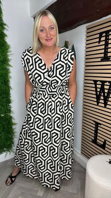 Ruched Shoulder Dress - Geo Pattern Black