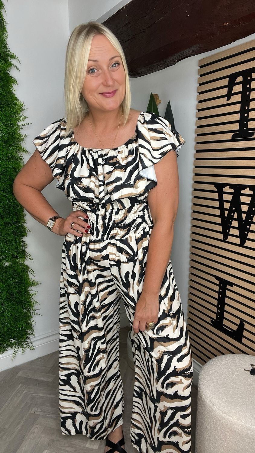 Bardot Style Jumpsuit- Tiger Print