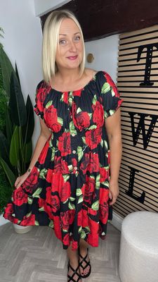 Velvet Rose Midi Dress - Red & Black