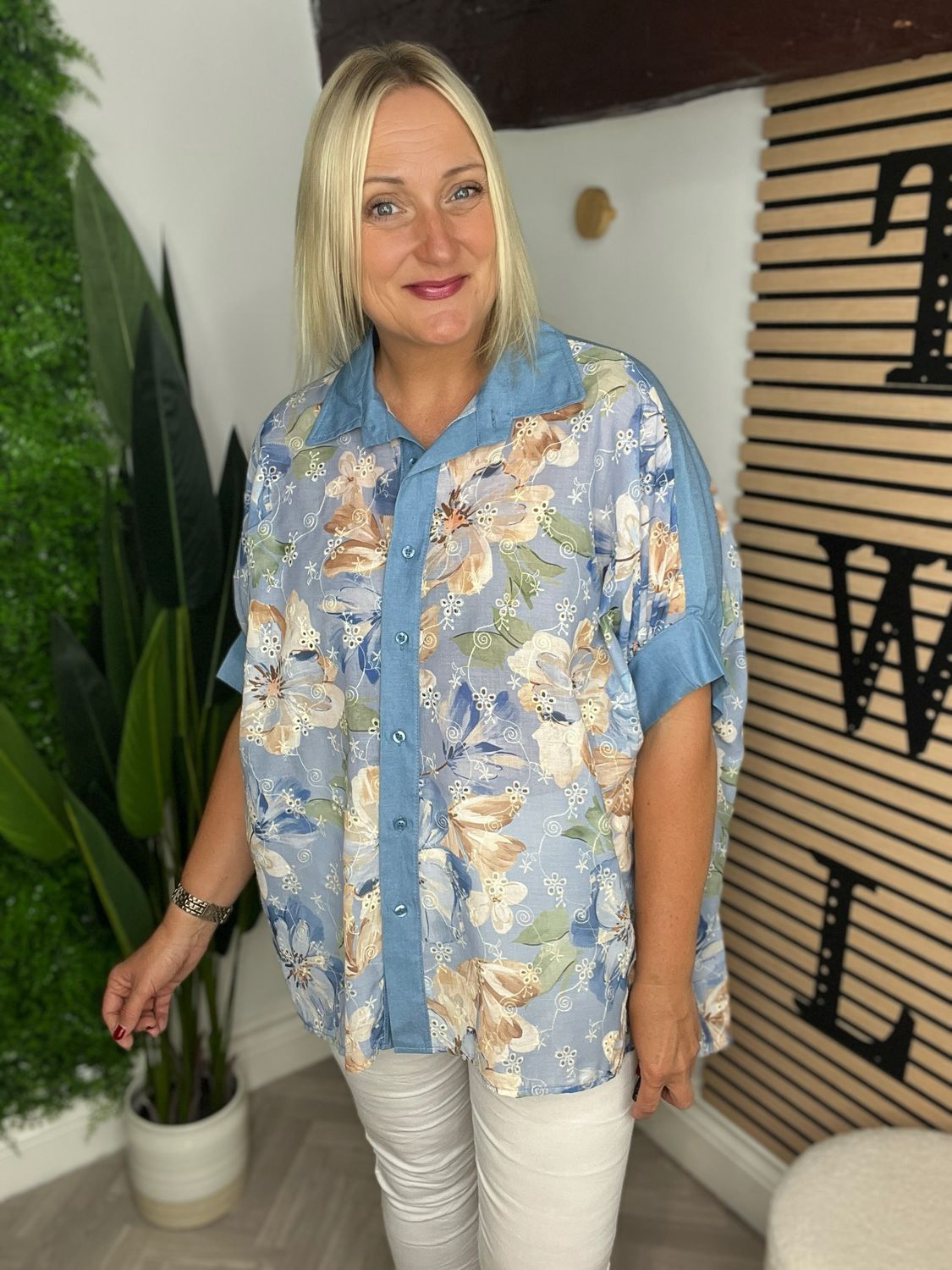 Floral Broderie Anglaise Shirt - Blue