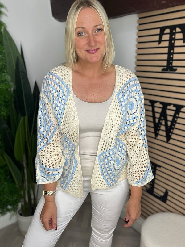 Crochet Edge To Edge Cardigan - Blue