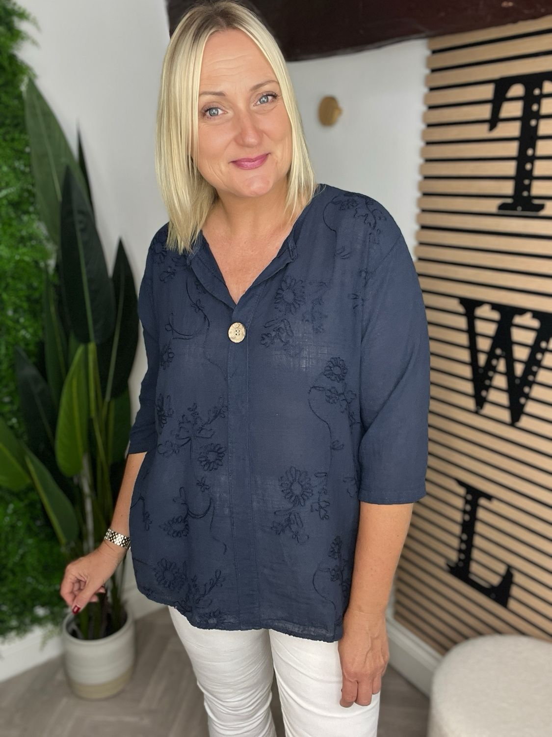 Appliqué Button Top - Navy